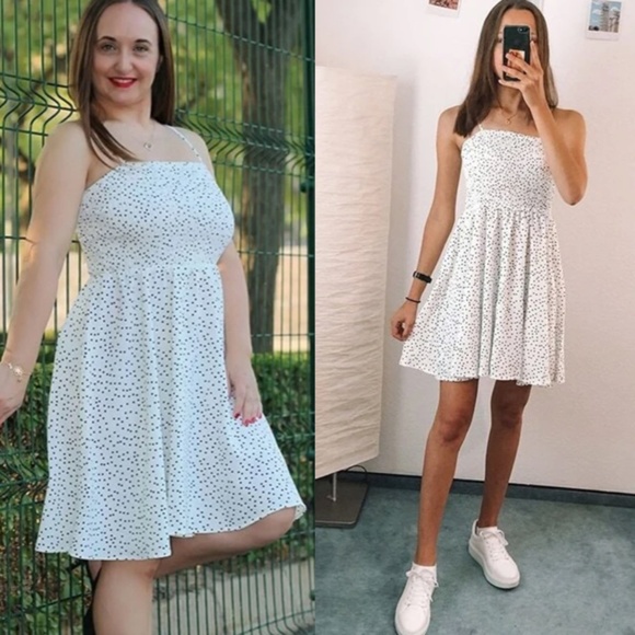 Polka Dot White Mini Dress Flared Shirred Bodice - Picture 11 of 11